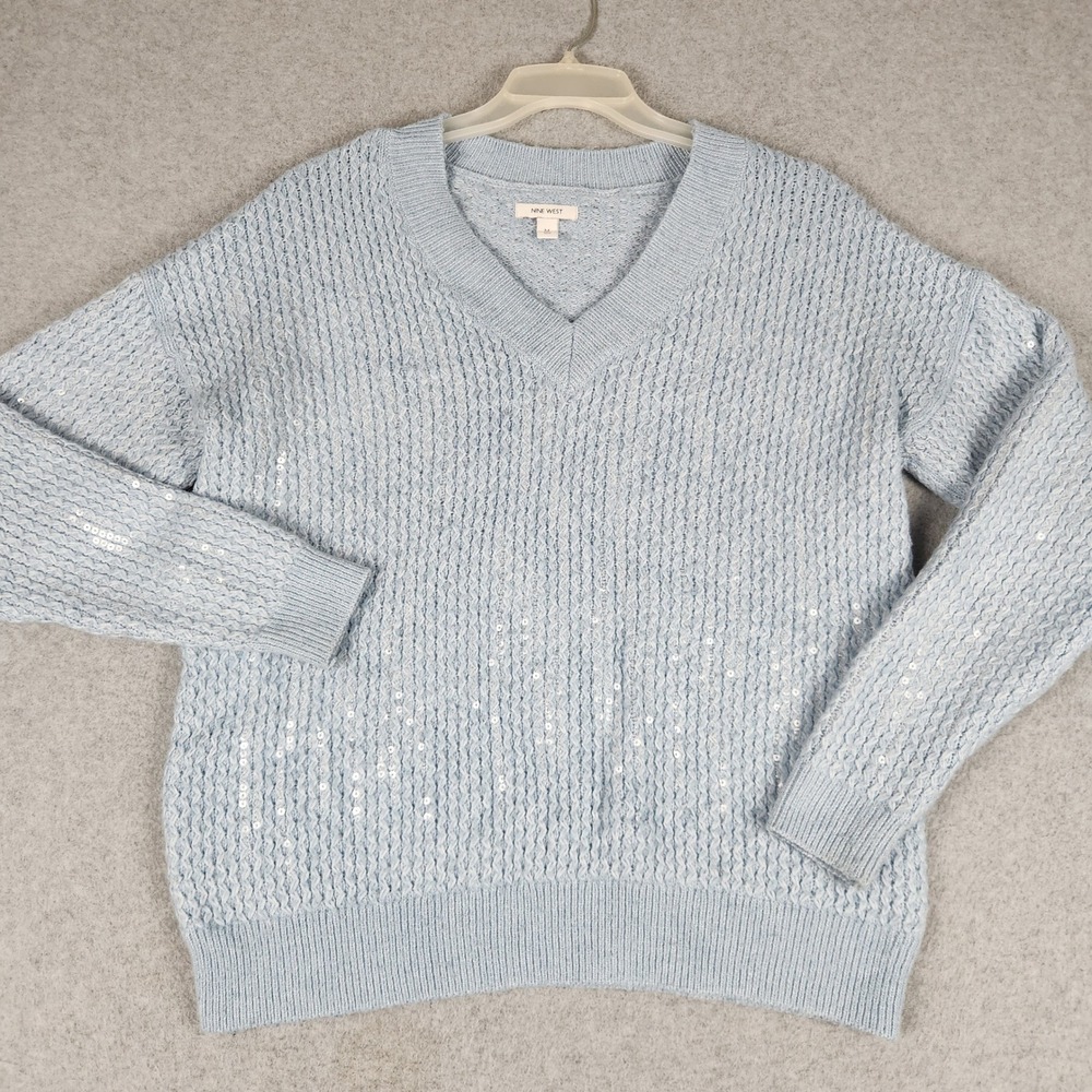 Nine West Sweater Womens Medium Blue Sequin Knit Long Sleeve Relaxed Fit V-Neck